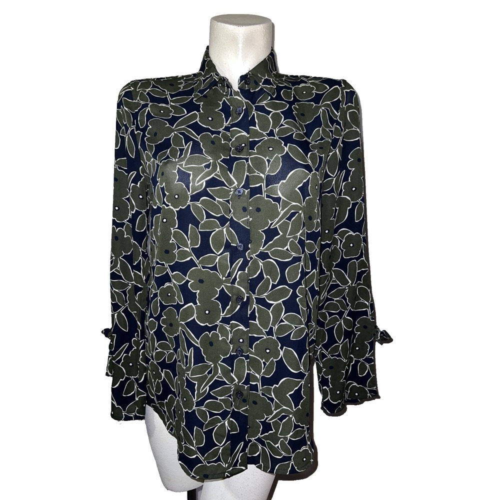 Banana Republic Womens Small Olive Green Navy Floral Boyfriend Fit Button Down